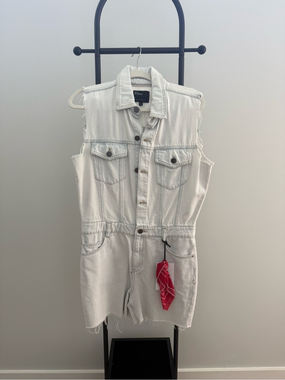 10.11 Studio Light Denim Sleeveless Romper with Red Bandana Accent